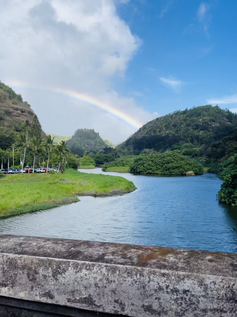 Rainbow arcing over a clear stream in Hawaii.